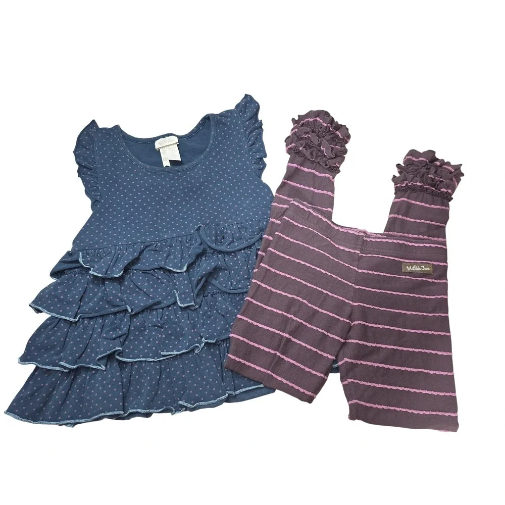 Matilda‎ Jane Outfit Girls 6 Blue Dot Ruffle Tunic Purple Stripe Leggings Set